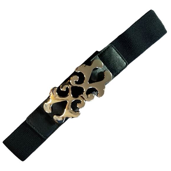 Black Stretch Belt Gold Clasp Buckle Medium - Picture 1 of 4